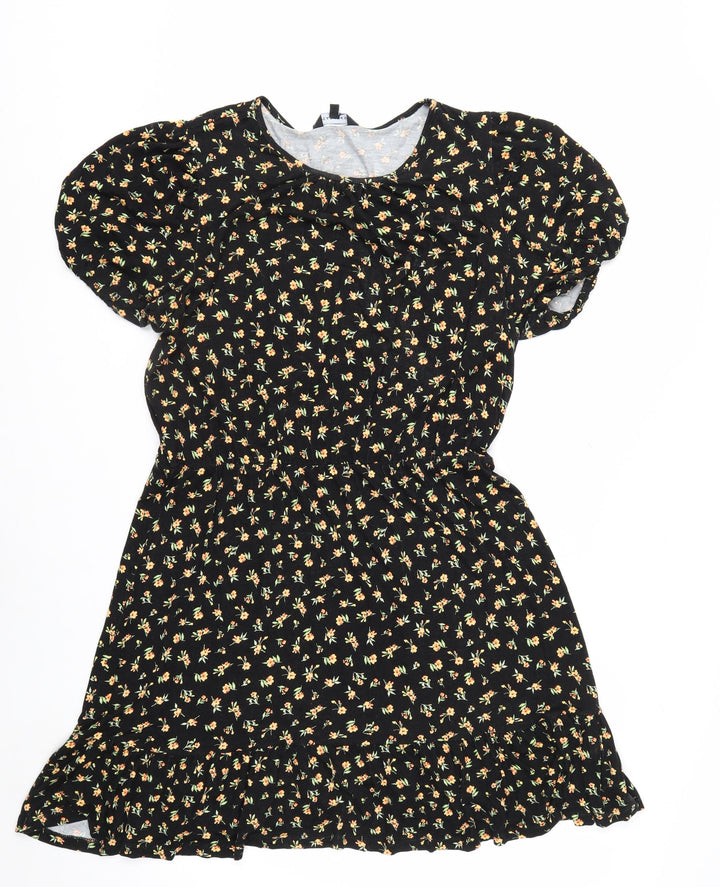 Peacocks Women’s Black Floral A-Line Ruched Dress Size 14