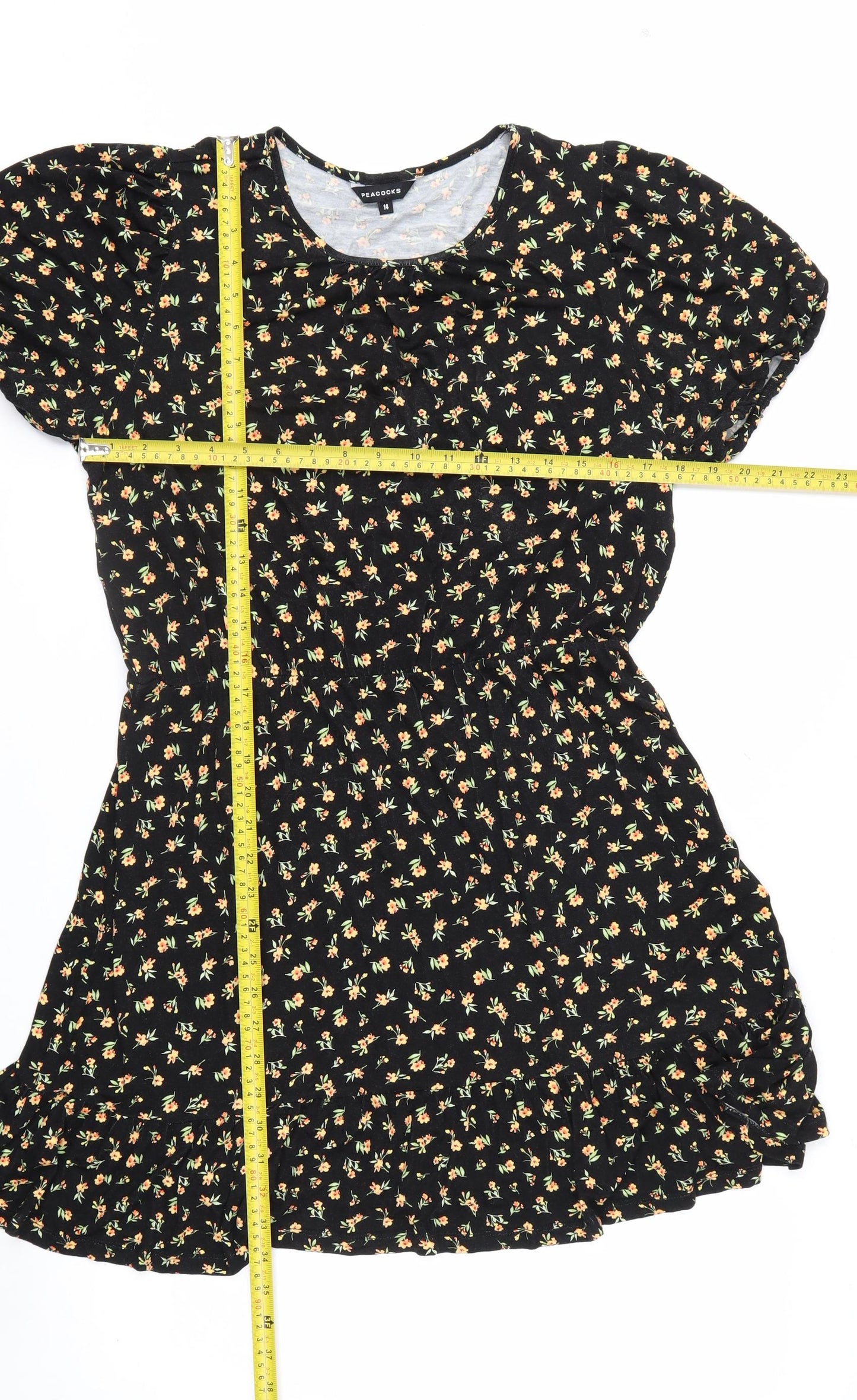 Peacocks Women’s Black Floral A-Line Ruched Dress Size 14