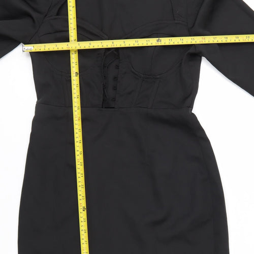 PrettyLittleThing Womens Black Bodycon Mini Dress UK 12 Long Sleeve