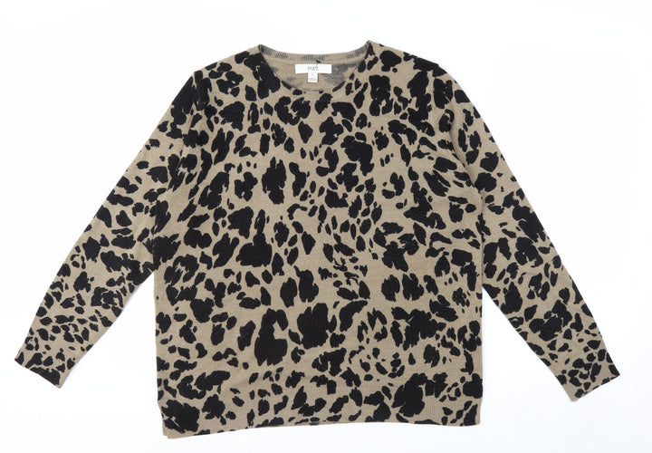 Marks and Spencer Women's Beige Animal Print Crew Neck Jumper Size 14
