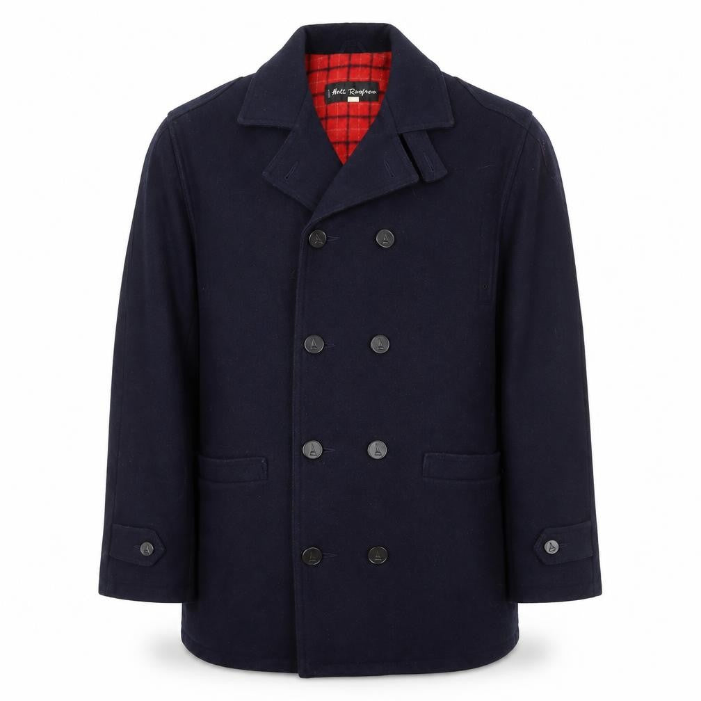 Front view of Holt Renfrew Men's Blue Wool Pea Coat, size 38, Double-Breasted Lined