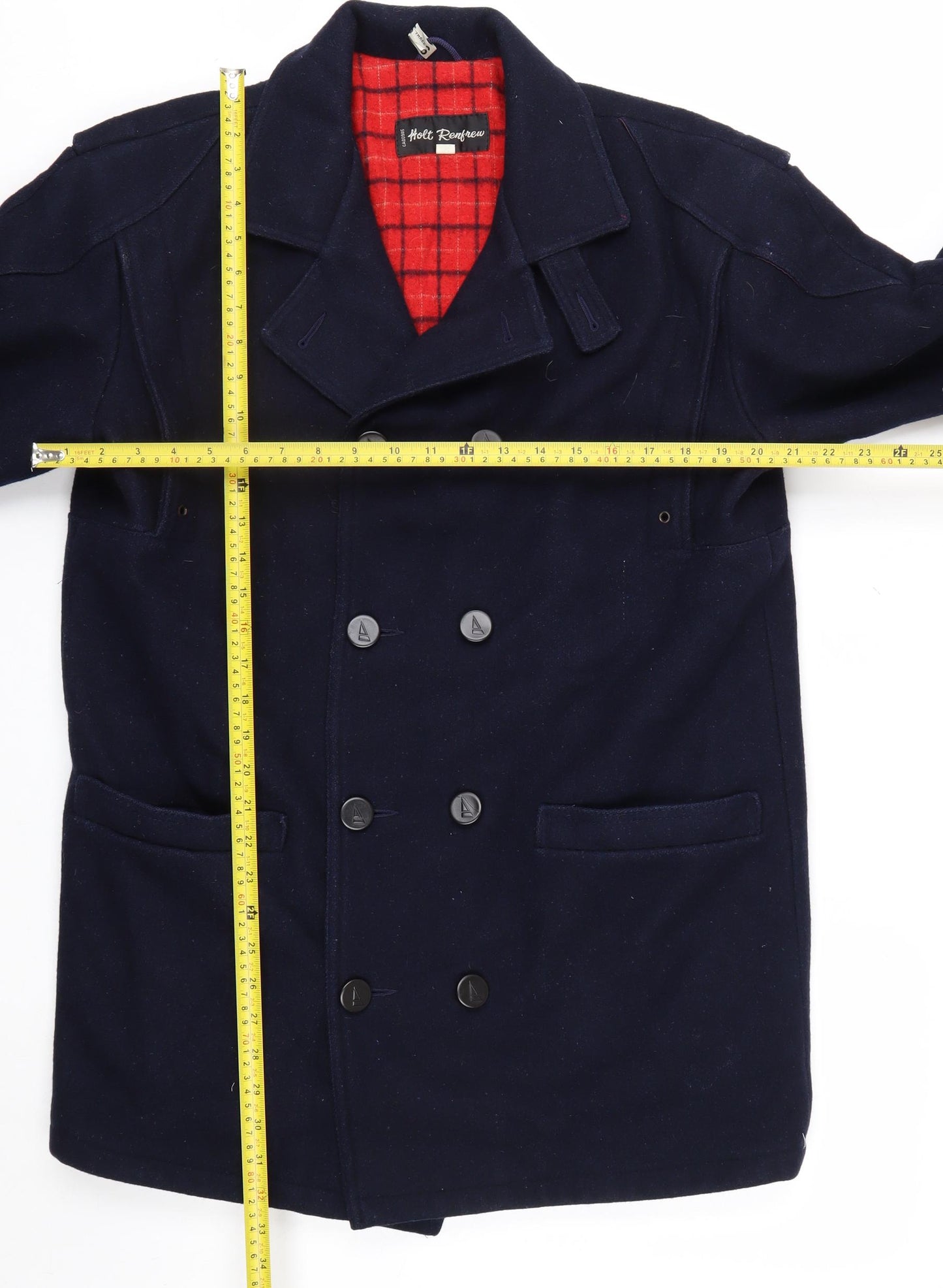 Holt Renfrew Men's Blue Wool Pea Coat Size 38 Double-Breasted Lined