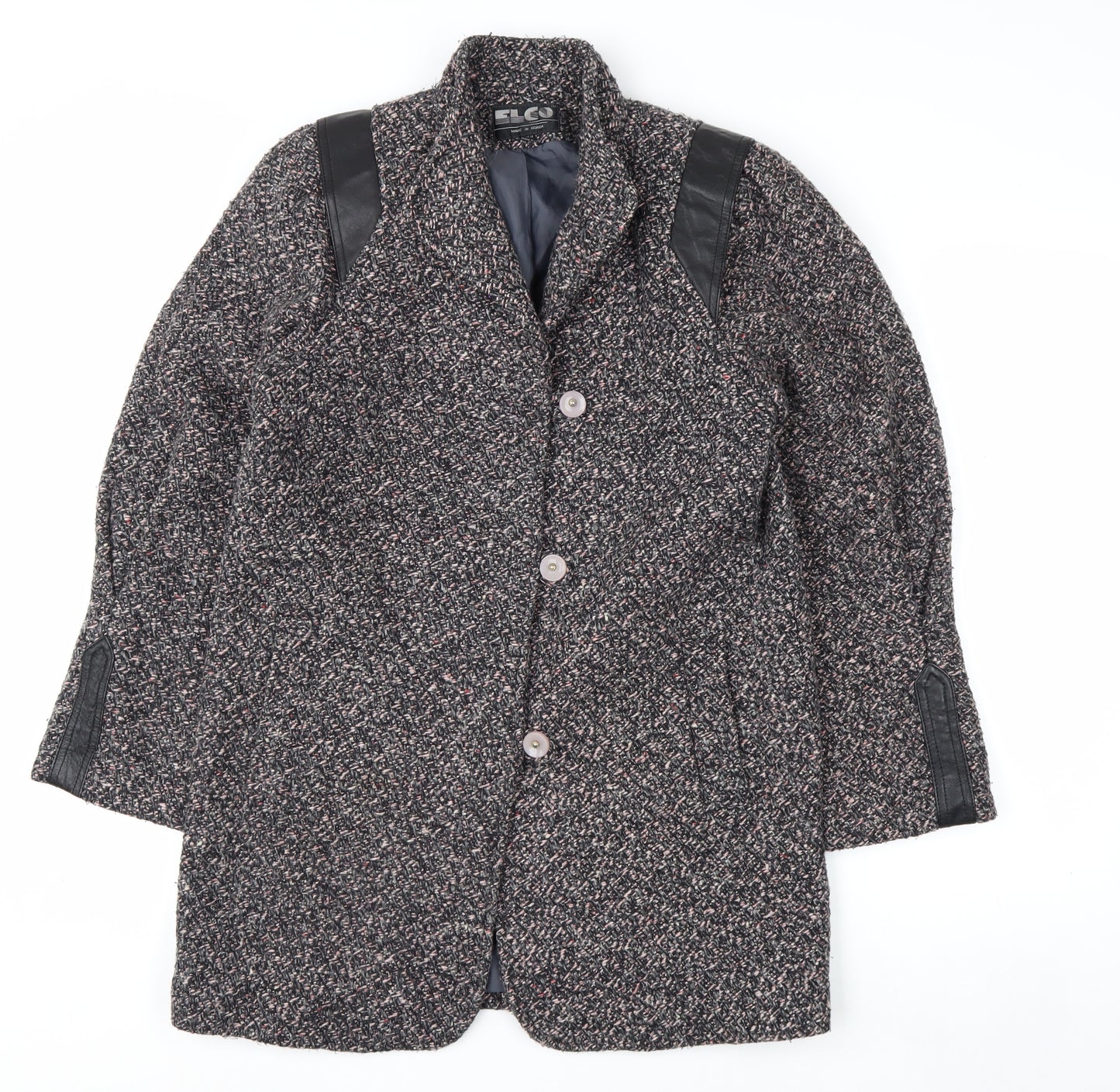 ELCO Women’s Grey Wool Blend Leather Trim Mid-Length Vintage Coat Size S