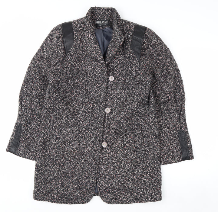 ELCO Women’s Grey Wool Blend Leather Trim Mid-Length Vintage Coat Size S