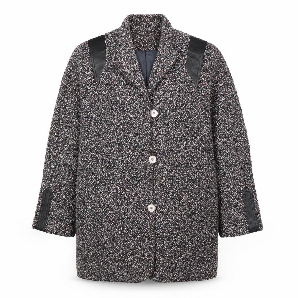 ELCO Women’s Grey Wool Blend Leather Trim Mid-Length Vintage Coat Size S