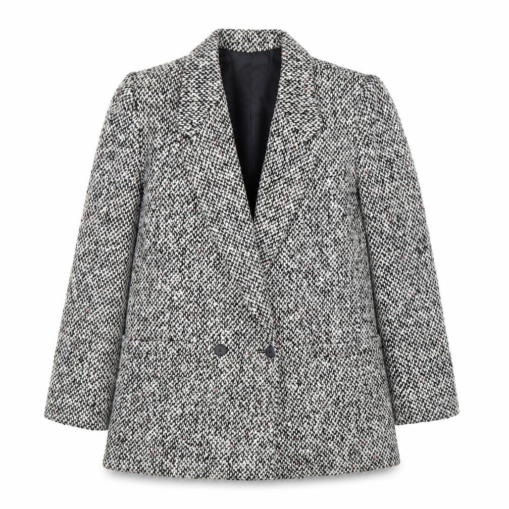 Front view of Christopher Women's Grey Tweed Wool Blend Blazer Jacket, size 7/8