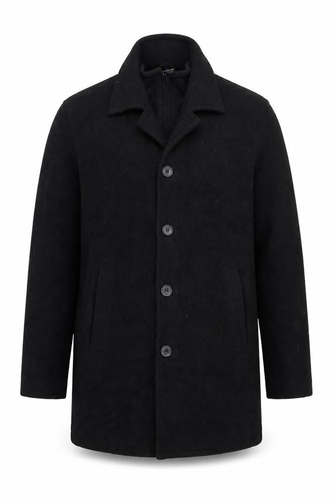 Front view of Chaps Men's Black Wool Blend Long Overcoat, size S