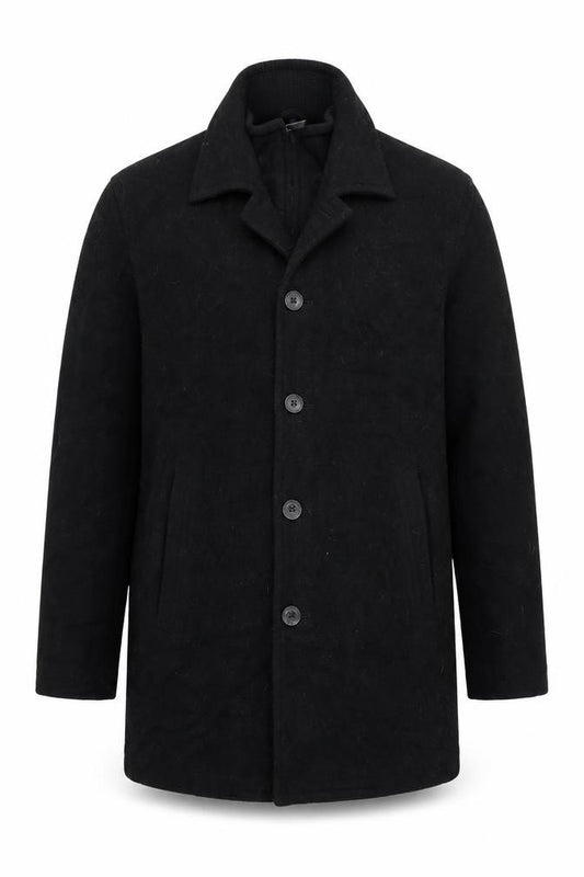 Front view of Chaps Men's Black Wool Blend Long Overcoat, size S