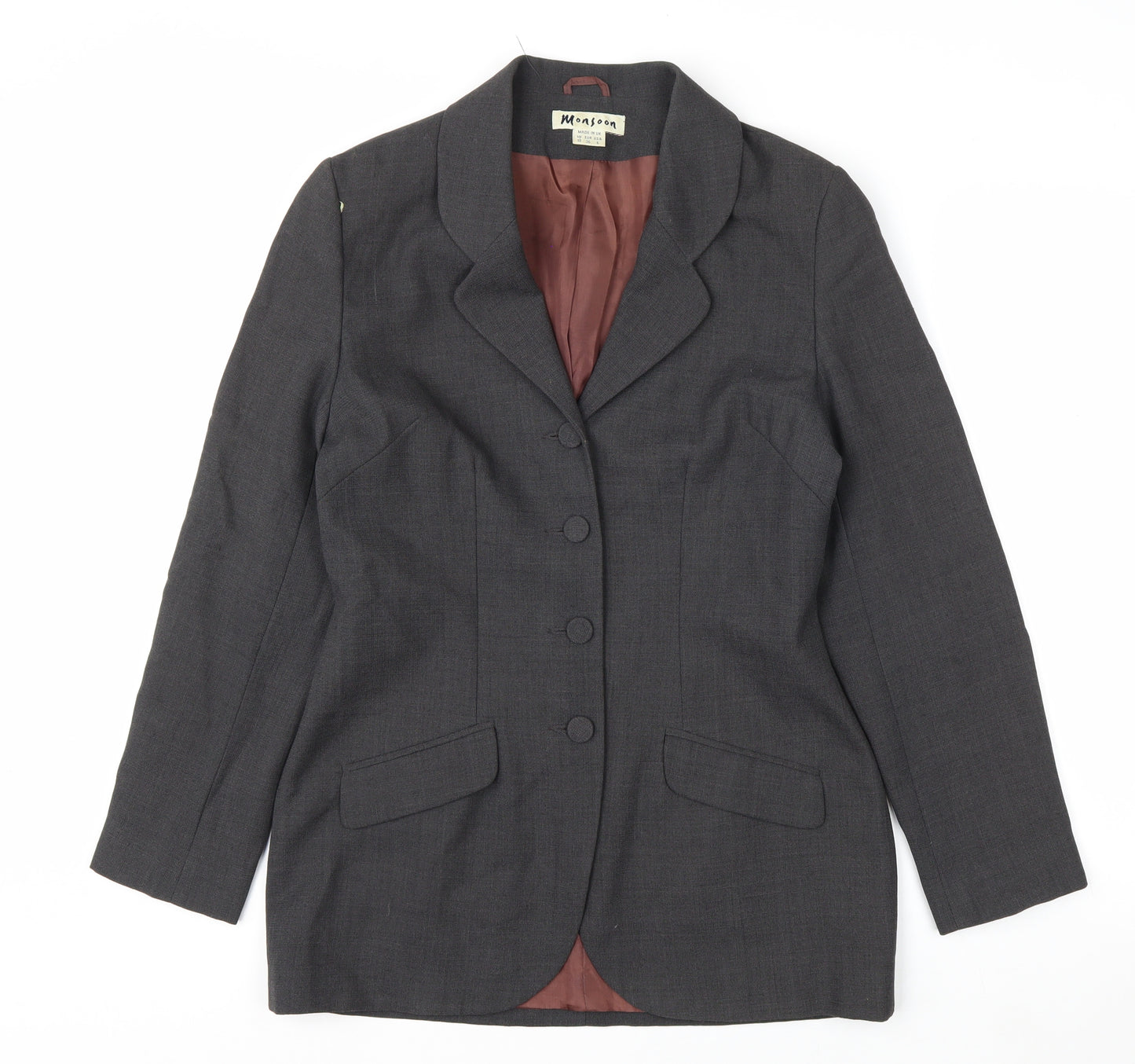 Monsoon Women Grey Wool Blend Suit Jacket UK 10 Classic Tailored Blazer