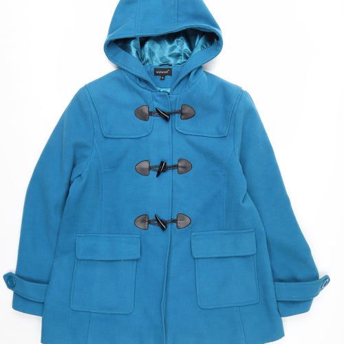 Wishwood Women's Blue Wool Duffle Coat Size 14 Hooded Mid-Length