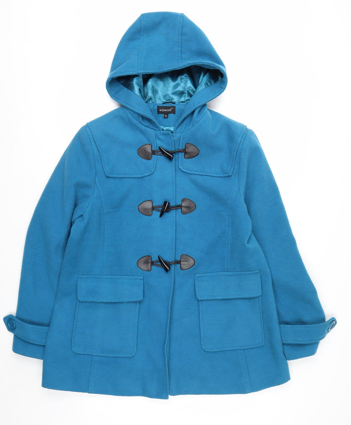 Wishwood Women's Blue Wool Duffle Coat Size 14 Hooded Mid-Length