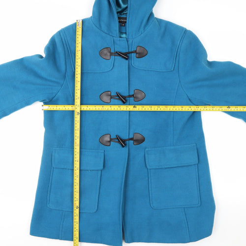 Wishwood Women's Blue Wool Duffle Coat Size 14 Hooded Mid-Length