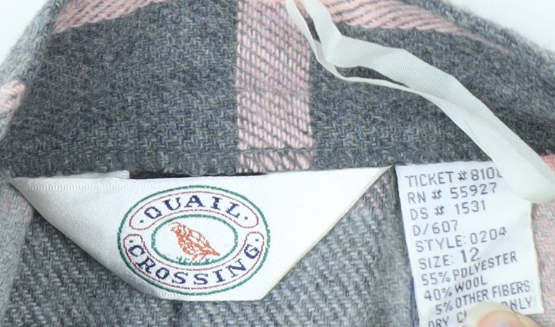 Quail Crossing Women's Grey Pink Check Wool Blend Midi A-Line Skirt Size 12