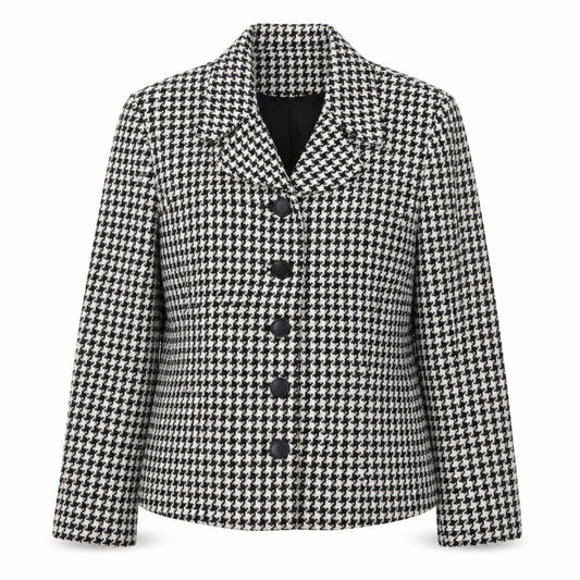 Front view of Warehouse Women's Black Houndstooth Wool Blend Suit Jacket, size 12