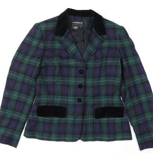 Liz Claiborne Classics Women's Green Check Wool Blazer Size 8 Single-Breasted