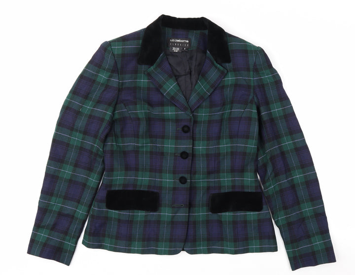 Liz Claiborne Classics Women's Green Check Wool Blazer Size 8 Single-Breasted