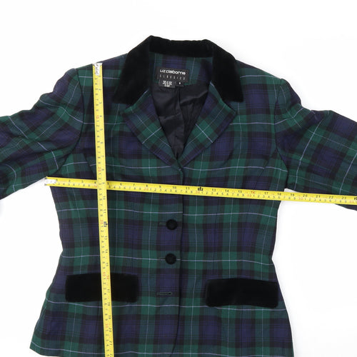 Liz Claiborne Classics Women's Green Check Wool Blazer Size 8 Single-Breasted