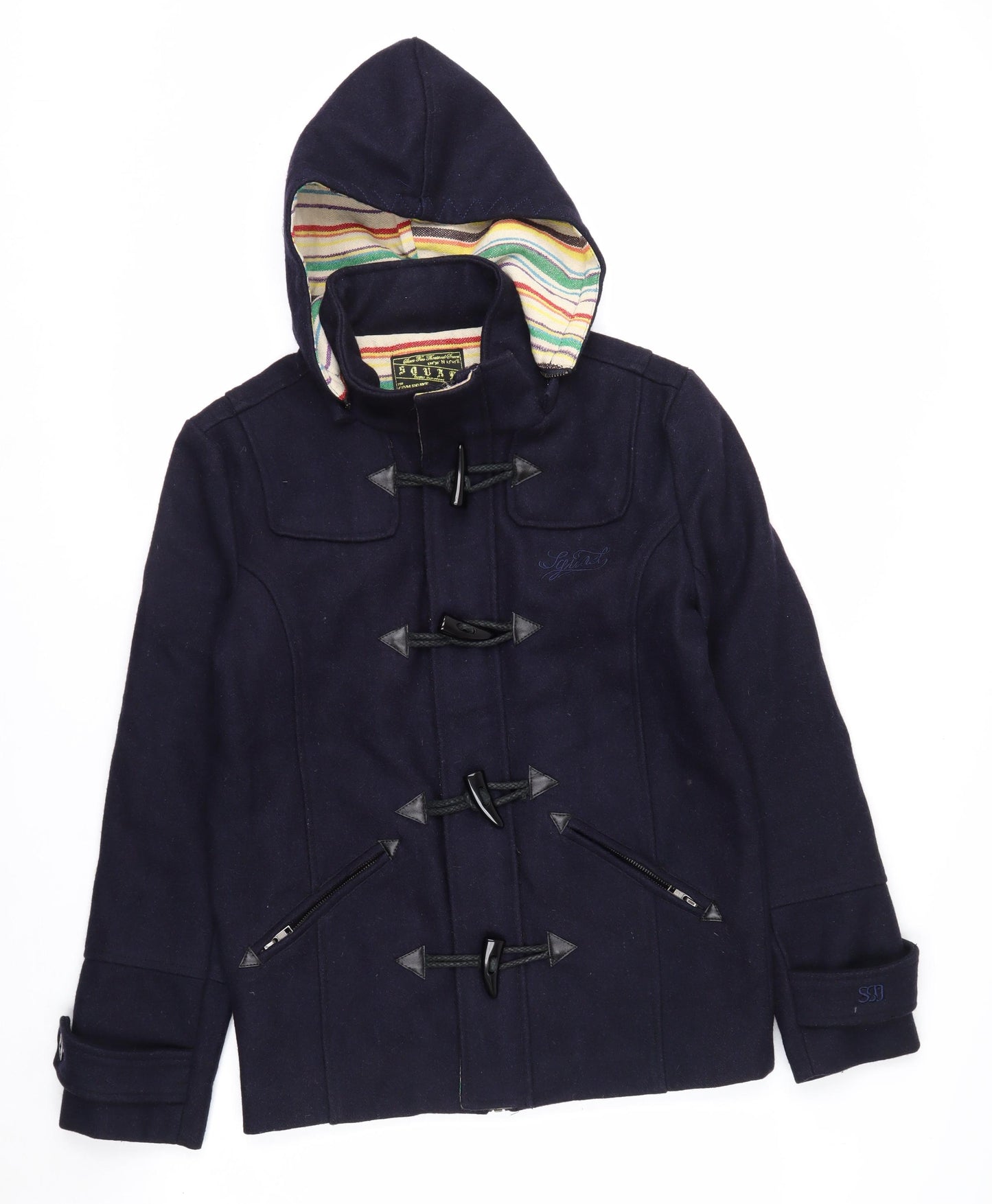 Squad Men’s Blue Cotton Duffle Coat Jacket Size M Hooded Mid-Length