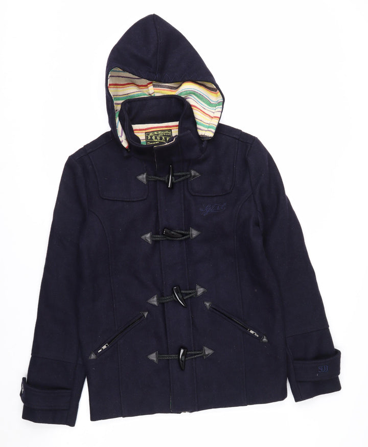 Squad Men’s Blue Cotton Duffle Coat Jacket Size M Hooded Mid-Length