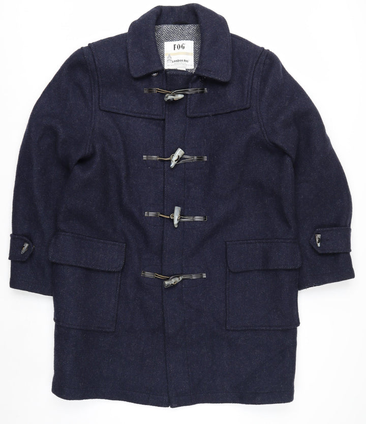 London Fog Men’s Blue Wool Duffle Coat 42R Hooded Classic Mid-Length
