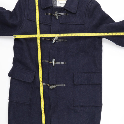 London Fog Men’s Blue Wool Duffle Coat 42R Hooded Classic Mid-Length