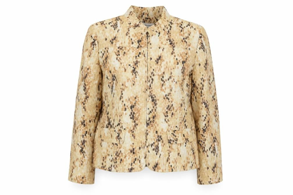 Front view of Alfred Dunner women’s beige metallic geometric petite zip jacket, size UK 12