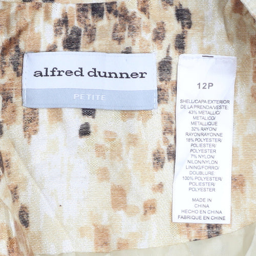 Alfred Dunner Womens Beige Metallic Geometric Petite Zip Jacket Size 12