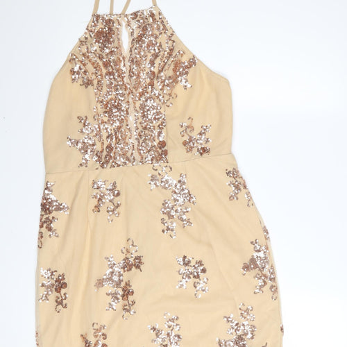 In The Style Women's Beige Sequin Halter Bodycon Dress Size 12