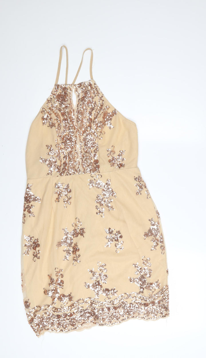 In The Style Women's Beige Sequin Halter Bodycon Dress Size 12