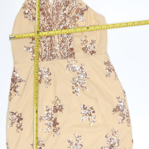 In The Style Women's Beige Sequin Halter Bodycon Dress Size 12