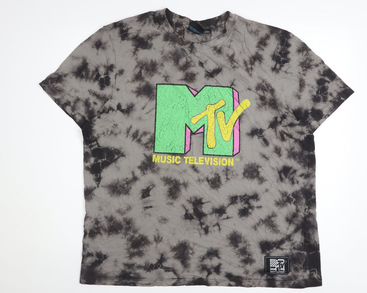MTV Women's Grey Tie-Dye Music T-Shirt L Retro Cotton Short Sleeve