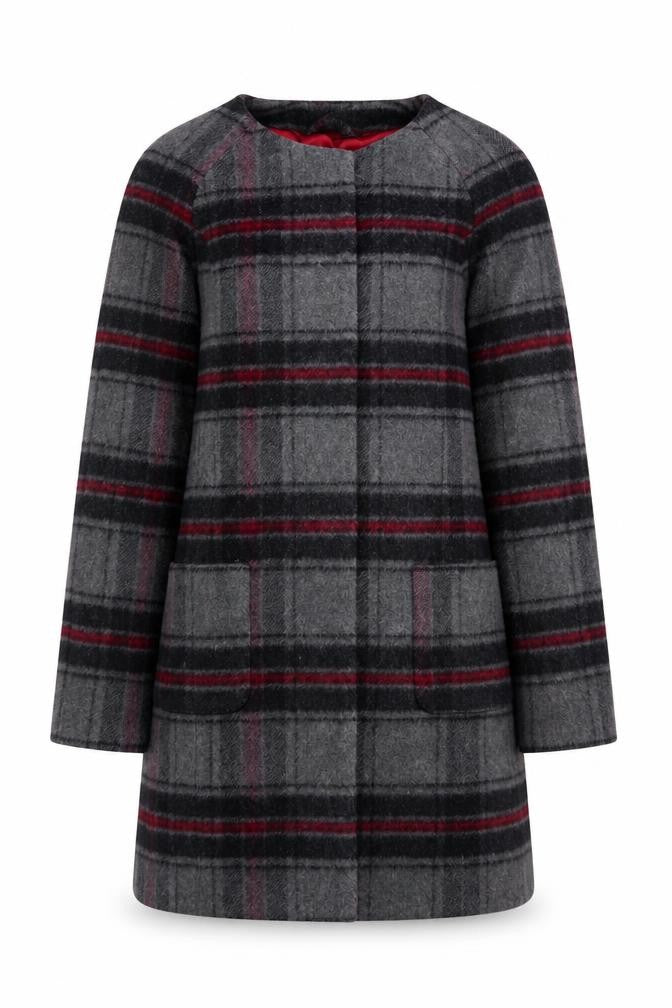 Front view of Tulchan Women's Grey Checked Wool Blend Mid-Length Coat, size 10