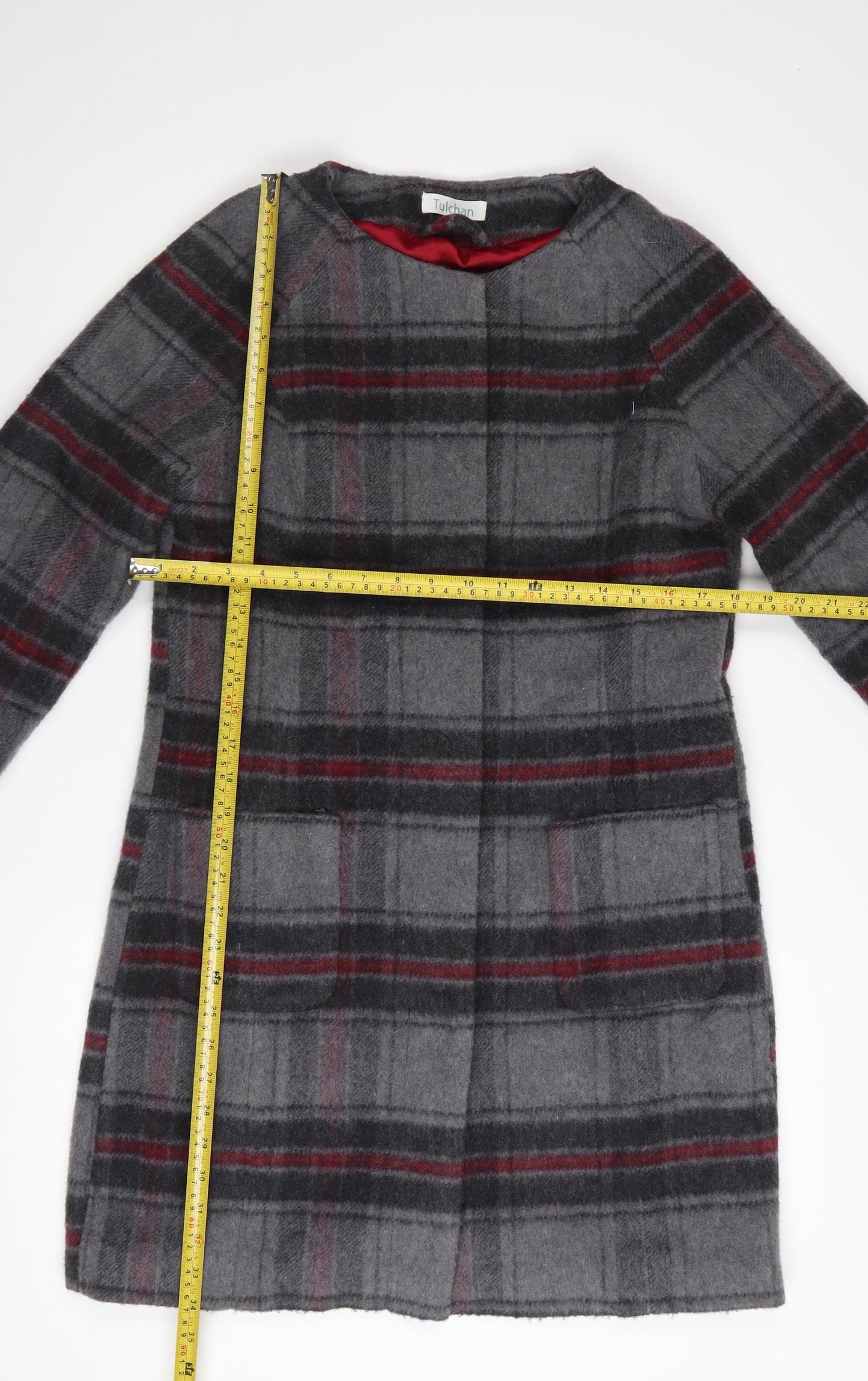 Tulchan Women's Grey Checked Wool Blend Mid-Length Coat Size 10