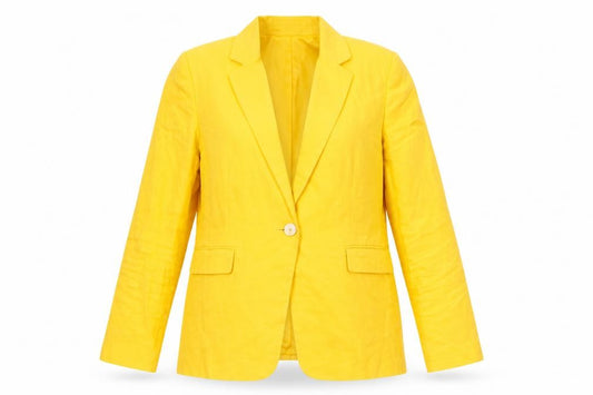 Front view of Mango Women's Yellow Linen Blazer, size 16, Regular Fit