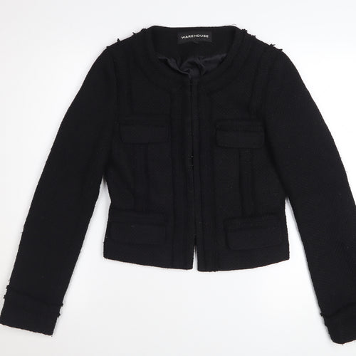 Warehouse Women Black Tweed Cropped Blazer Jacket UK 8 Wool Blend