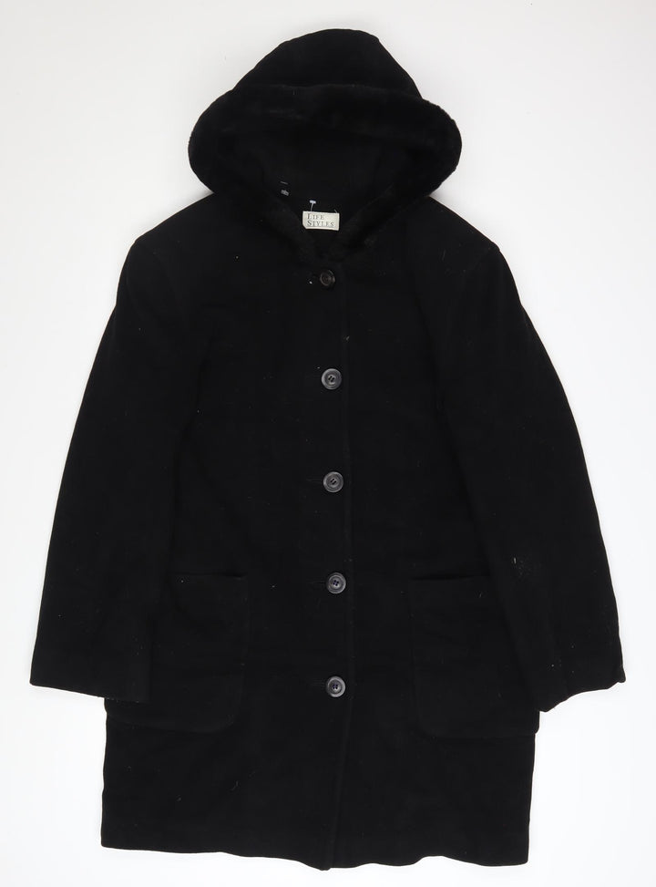 Life Styles Womens Black Wool Cashmere Hooded Coat Size 12