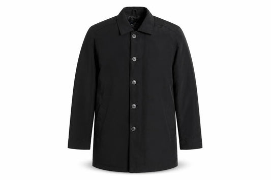 Front view of Easy Products Men's Black Nylon Mid-Length Overcoat, size L
