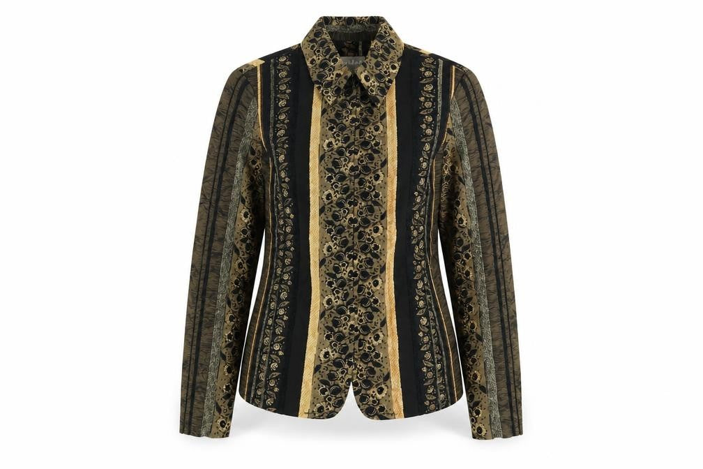 Front view of TanJay women’s petite gold black striped blazer jacket, size UK 8