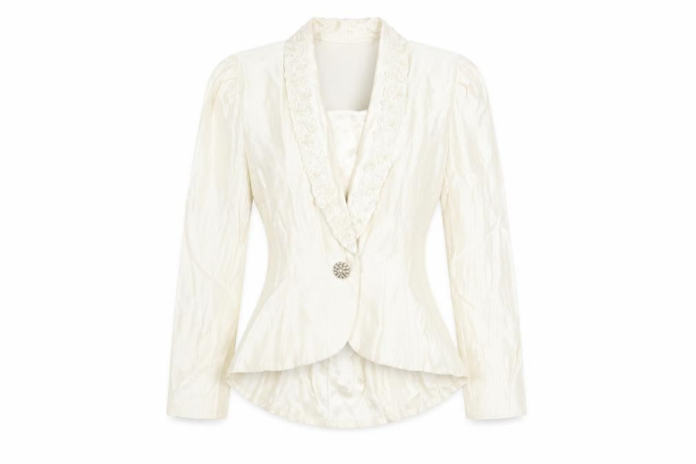 Front view of Jeffrey & Dara Women’s Ivory Embroidered Single Button Blazer, size UK 10