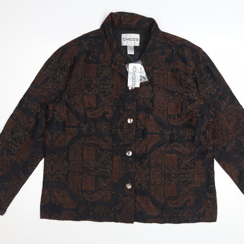 Chico's Women's Brown Silk Embroidered Long Sleeve Button-Up Shirt M