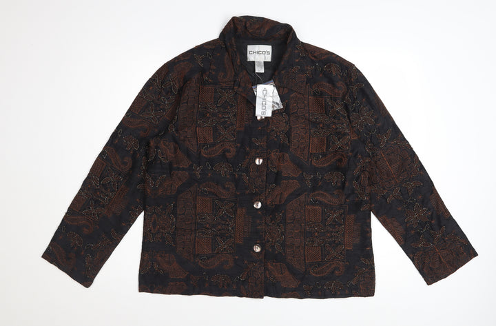 Chico's Women's Brown Silk Embroidered Long Sleeve Button-Up Shirt M
