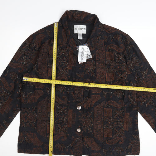 Chico's Women's Brown Silk Embroidered Long Sleeve Button-Up Shirt M
