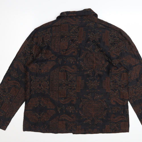 Chico's Women's Brown Silk Embroidered Long Sleeve Button-Up Shirt M