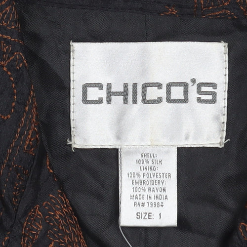 Chico's Women's Brown Silk Embroidered Long Sleeve Button-Up Shirt M