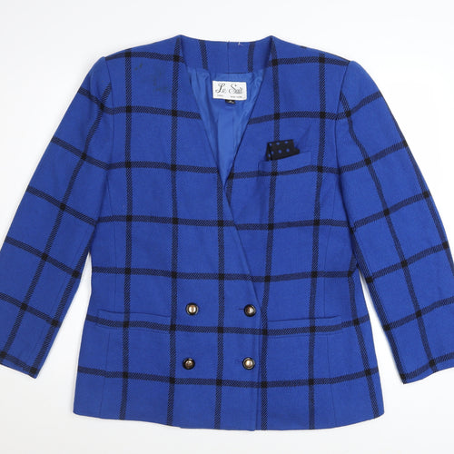 Le Suit Women's Blue Checked Wool Blend Blazer Size 14 Classic Workwear