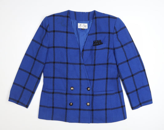 Le Suit Women's Blue Checked Wool Blend Blazer Size 14 Classic Workwear