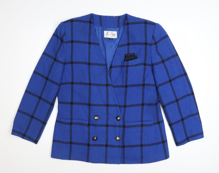 Le Suit Women's Blue Checked Wool Blend Blazer Size 14 Classic Workwear