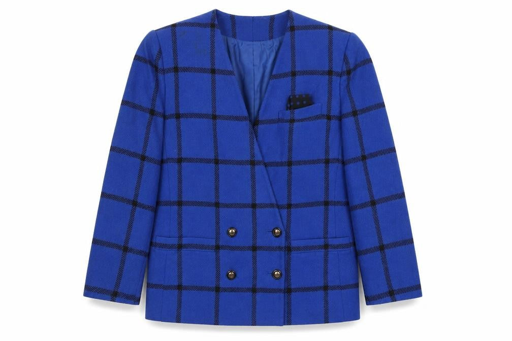 Front view of Le Suit Women's Blue Checked Wool Blend Blazer, size 14, Classic Workwear
