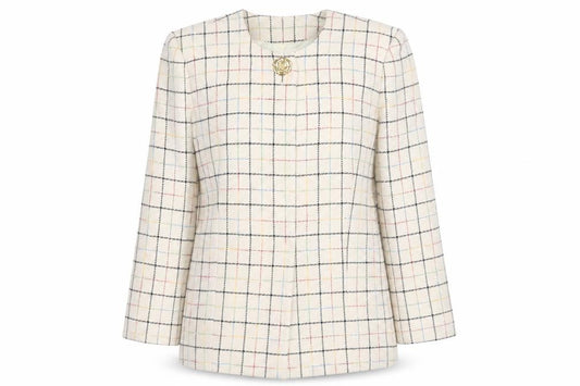 Front view of Heritage House Women’s Ivory Check Wool Blazer, size UK 10, Classic Tweed Jacket