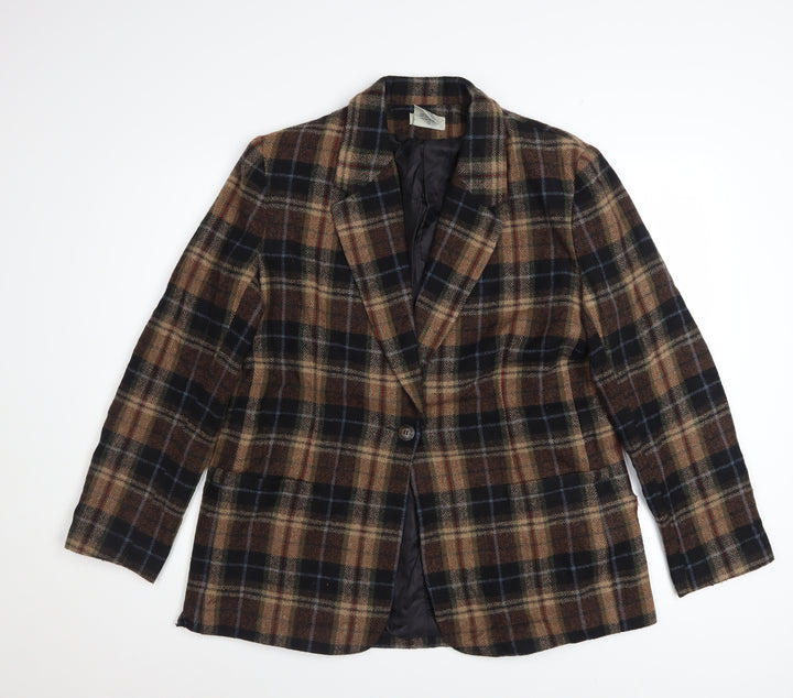 White Stag Women's Brown Checked Wool Blend Blazer Size 12 Classic Fit